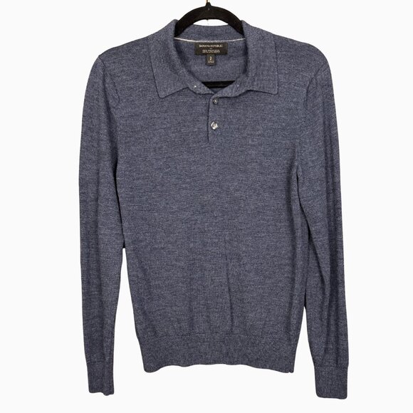 Banana Republic Merino Wool Polo Sweater Small Blue Knit Long Sleeve Collared - Picture 1 of 7